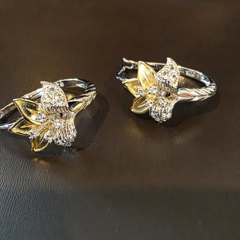 White Topaz 925 Sterling Silver Gold Enamel Believe in Miracles Flower Earrings - Picture 5 of 7